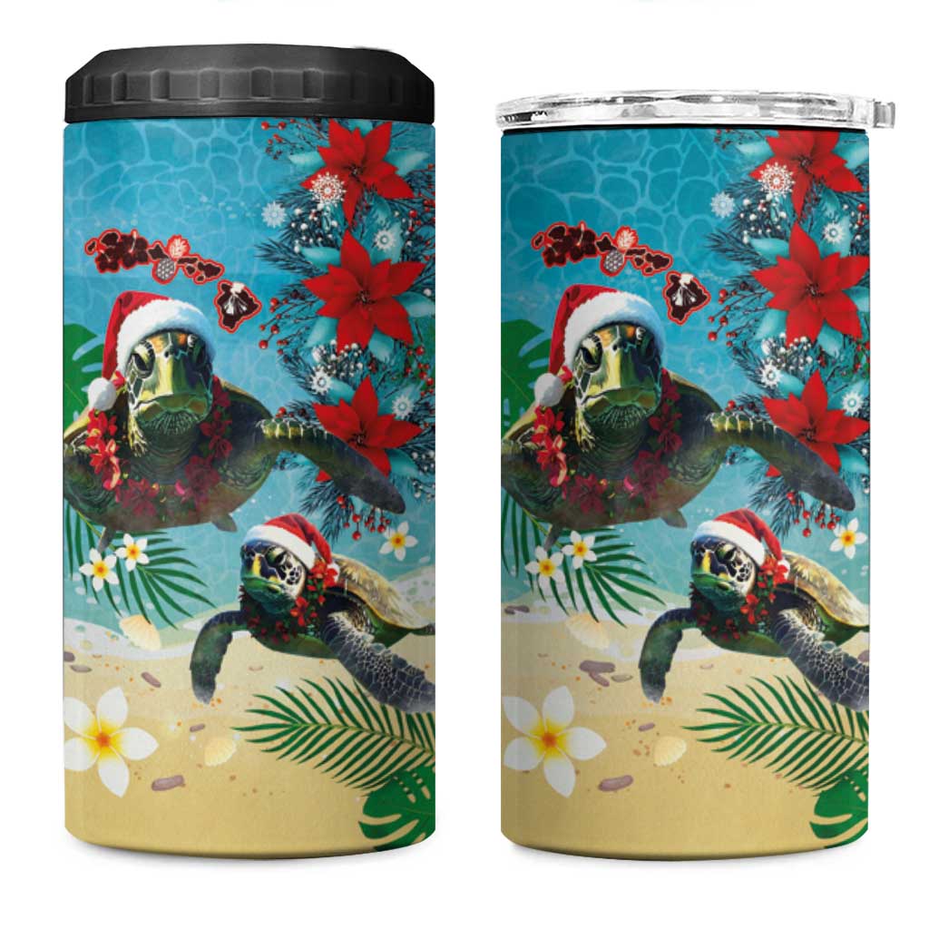 Hawaiian Mele Kalikimaka 4 in 1 Can Cooler Tumbler Tropical Xmas Turtles Red Poinsettia Watercolor - Polynesian Pride