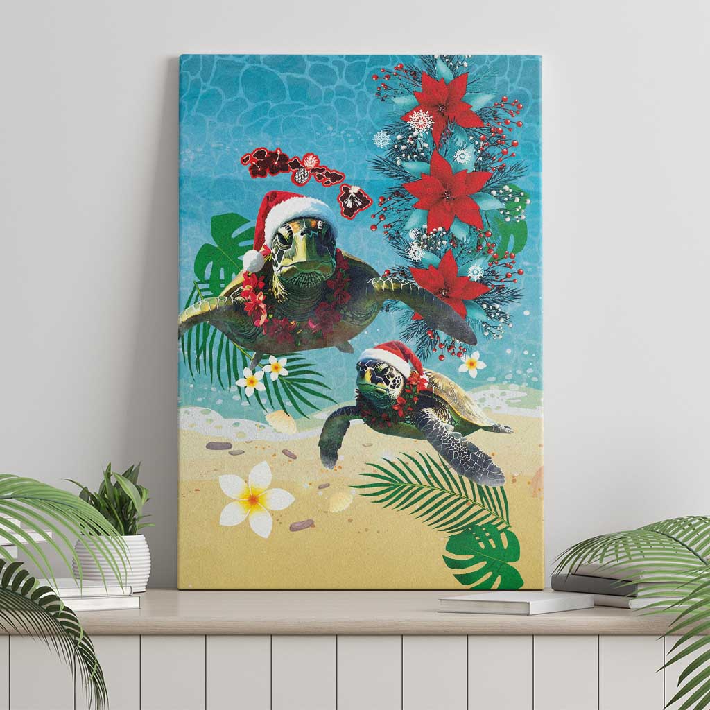 Hawaiian Mele Kalikimaka Canvas Wall Art Tropical Xmas Turtles Red Poinsettia Watercolor - Polynesian Pride