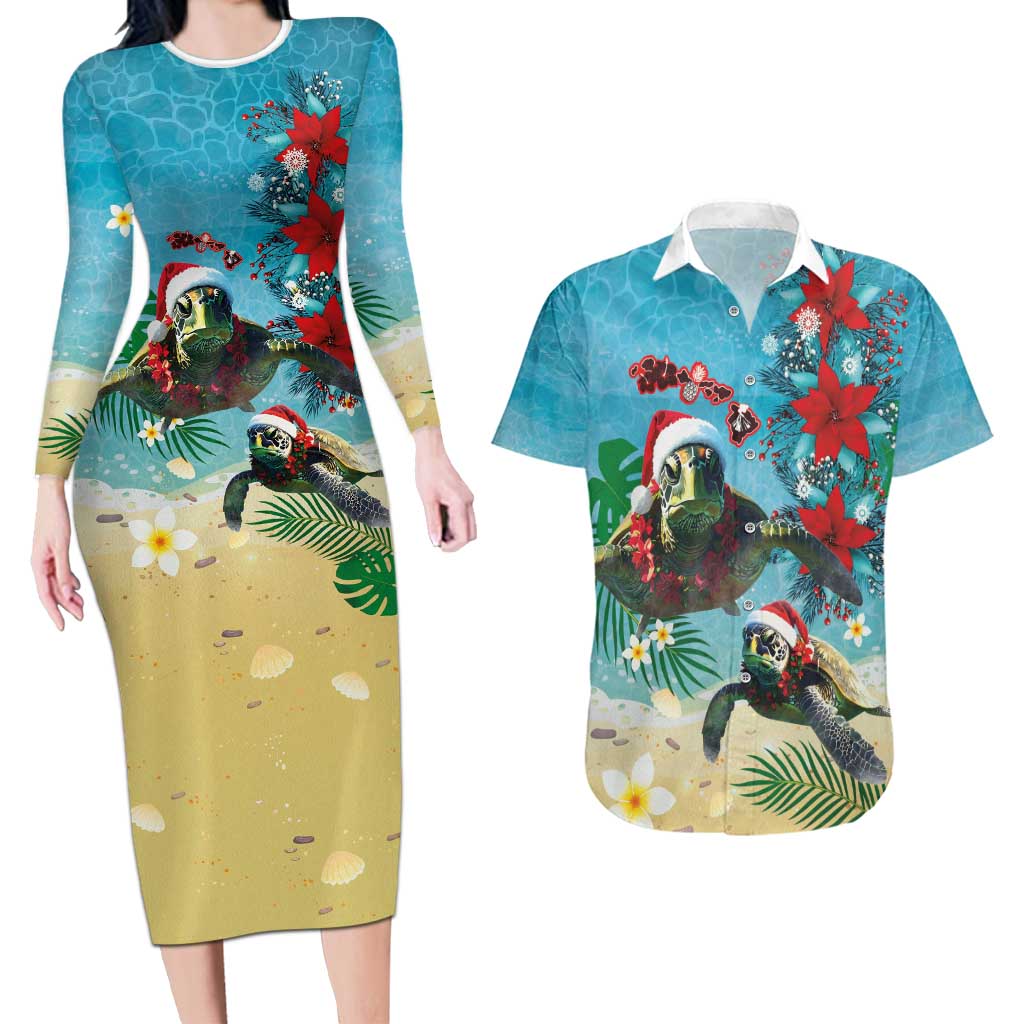 Hawaiian Mele Kalikimaka Couples Matching Long Sleeve Bodycon Dress and Hawaiian Shirt Tropical Xmas Turtles Red Poinsettia Watercolor - Polynesian Pride