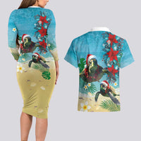 Hawaiian Mele Kalikimaka Couples Matching Long Sleeve Bodycon Dress and Hawaiian Shirt Tropical Xmas Turtles Red Poinsettia Watercolor LT03 - Polynesian Pride