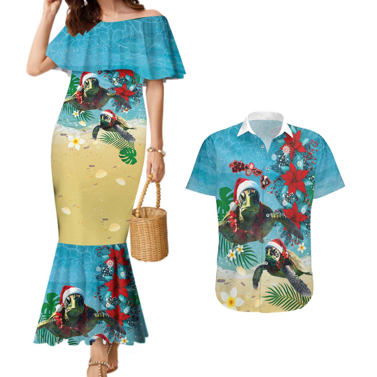 Hawaiian Mele Kalikimaka Couples Matching Mermaid Dress and Hawaiian Shirt Tropical Xmas Turtles Red Poinsettia Watercolor - Polynesian Pride