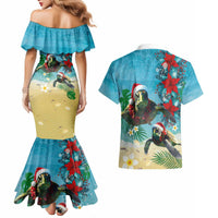 Hawaiian Mele Kalikimaka Couples Matching Mermaid Dress and Hawaiian Shirt Tropical Xmas Turtles Red Poinsettia Watercolor LT03 - Polynesian Pride