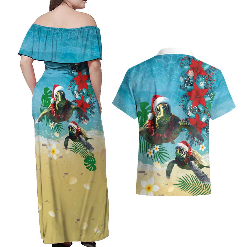 Hawaiian Mele Kalikimaka Couples Matching Off Shoulder Maxi Dress and Hawaiian Shirt Tropical Xmas Turtles Red Poinsettia Watercolor LT03 - Polynesian Pride