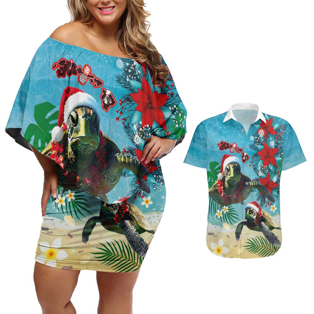 Hawaiian Mele Kalikimaka Couples Matching Off Shoulder Short Dress and Hawaiian Shirt Tropical Xmas Turtles Red Poinsettia Watercolor LT03 Multicolor - Polynesian Pride