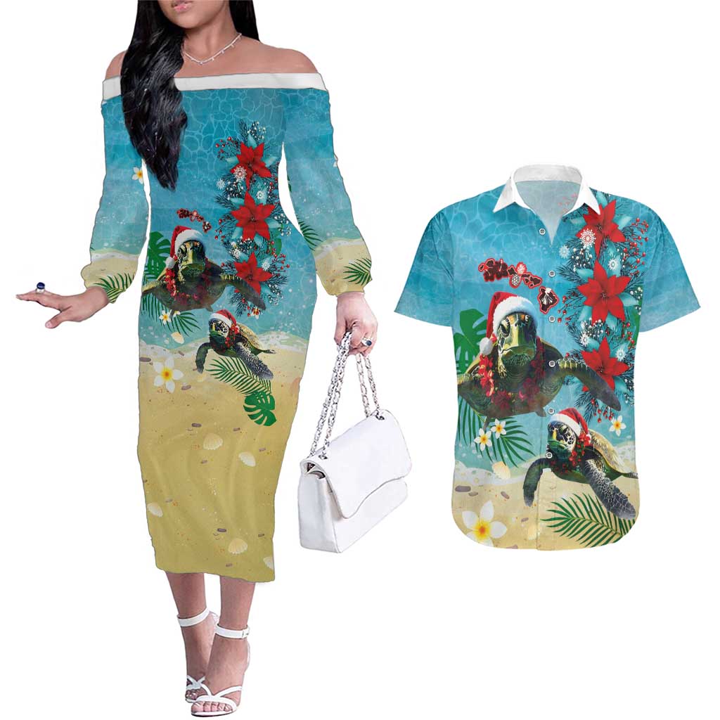 Hawaiian Mele Kalikimaka Couples Matching Off The Shoulder Long Sleeve Dress and Hawaiian Shirt Tropical Xmas Turtles Red Poinsettia Watercolor LT03 Multicolor - Polynesian Pride