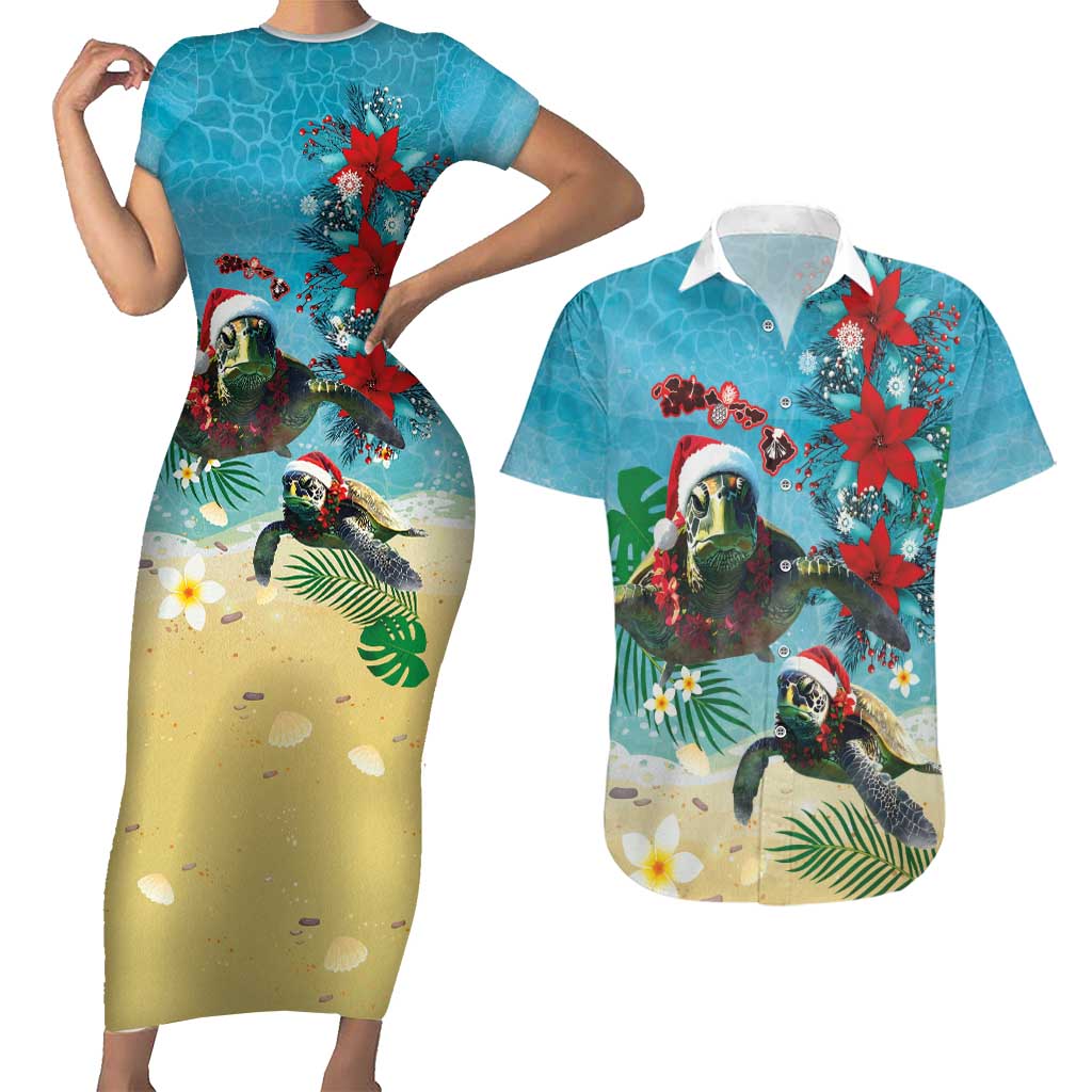 Hawaiian Mele Kalikimaka Couples Matching Short Sleeve Bodycon Dress and Hawaiian Shirt Tropical Xmas Turtles Red Poinsettia Watercolor LT03 Multicolor - Polynesian Pride