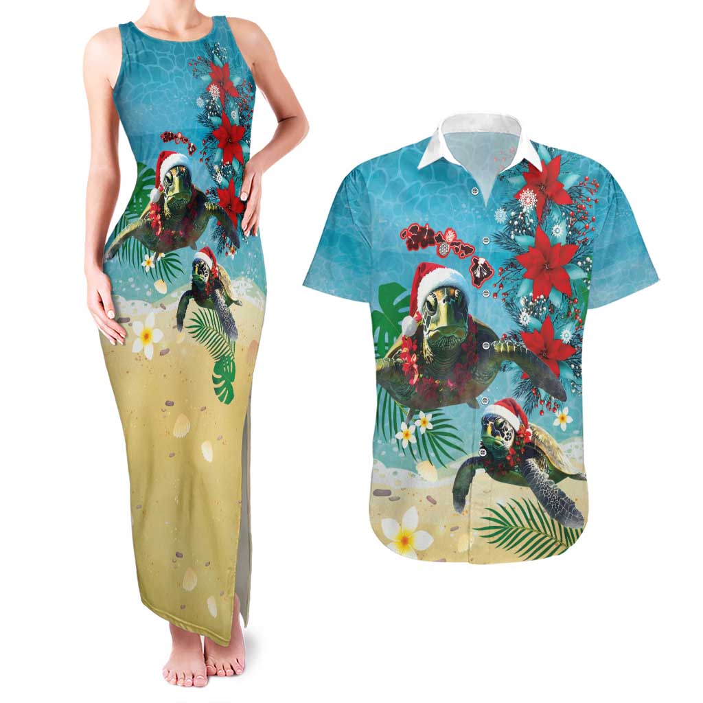 Hawaiian Mele Kalikimaka Couples Matching Tank Maxi Dress and Hawaiian Shirt Tropical Xmas Turtles Red Poinsettia Watercolor LT03 Multicolor - Polynesian Pride