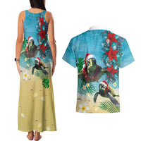 Hawaiian Mele Kalikimaka Couples Matching Tank Maxi Dress and Hawaiian Shirt Tropical Xmas Turtles Red Poinsettia Watercolor LT03 - Polynesian Pride