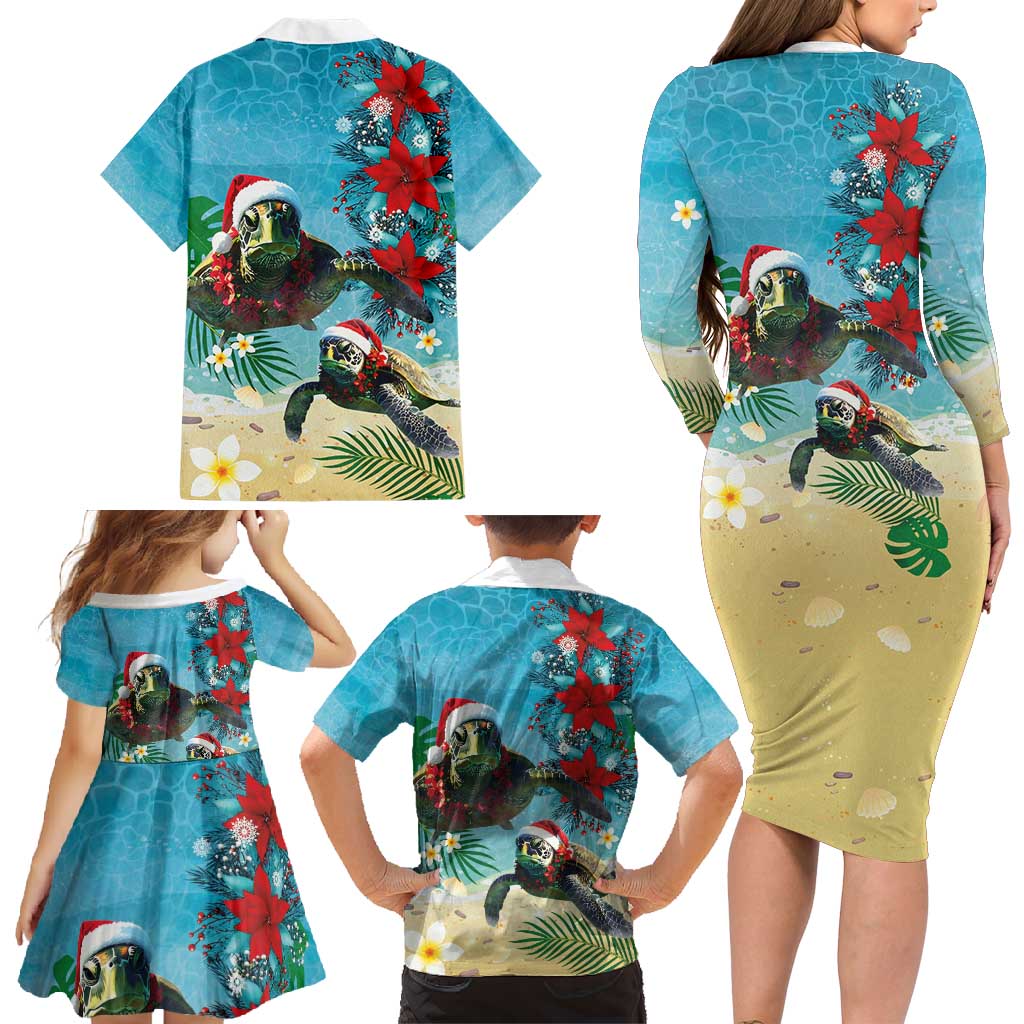 Hawaiian Mele Kalikimaka Family Matching Long Sleeve Bodycon Dress and Hawaiian Shirt Tropical Xmas Turtles Red Poinsettia Watercolor LT03 - Polynesian Pride
