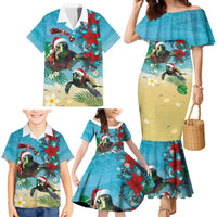 Hawaiian Mele Kalikimaka Family Matching Mermaid Dress and Hawaiian Shirt Tropical Xmas Turtles Red Poinsettia Watercolor LT03 - Polynesian Pride