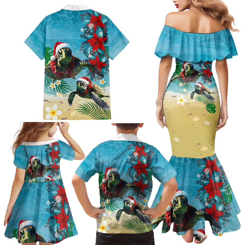 Hawaiian Mele Kalikimaka Family Matching Mermaid Dress and Hawaiian Shirt Tropical Xmas Turtles Red Poinsettia Watercolor LT03 - Polynesian Pride