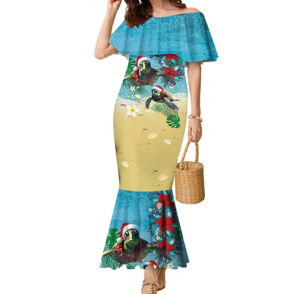 Hawaiian Mele Kalikimaka Family Matching Mermaid Dress and Hawaiian Shirt Tropical Xmas Turtles Red Poinsettia Watercolor LT03 Mom's Dress Multicolor - Polynesian Pride