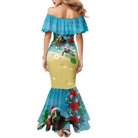 Hawaiian Mele Kalikimaka Family Matching Mermaid Dress and Hawaiian Shirt Tropical Xmas Turtles Red Poinsettia Watercolor LT03 - Polynesian Pride