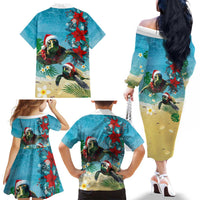 Hawaiian Mele Kalikimaka Family Matching Off The Shoulder Long Sleeve Dress and Hawaiian Shirt Tropical Xmas Turtles Red Poinsettia Watercolor LT03 - Polynesian Pride