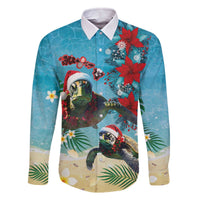 Hawaiian Mele Kalikimaka Family Matching Off The Shoulder Long Sleeve Dress and Hawaiian Shirt Tropical Xmas Turtles Red Poinsettia Watercolor LT03 Dad's Shirt - Long Sleeve Multicolor - Polynesian Pride