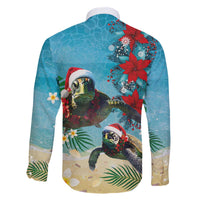 Hawaiian Mele Kalikimaka Family Matching Off The Shoulder Long Sleeve Dress and Hawaiian Shirt Tropical Xmas Turtles Red Poinsettia Watercolor LT03 - Polynesian Pride