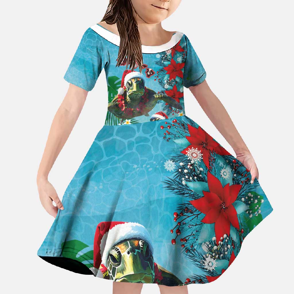Hawaiian Mele Kalikimaka Family Matching Off Shoulder Maxi Dress and Hawaiian Shirt Tropical Xmas Turtles Red Poinsettia Watercolor LT03 Daughter's Dress Multicolor - Polynesian Pride