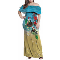 Hawaiian Mele Kalikimaka Family Matching Off Shoulder Maxi Dress and Hawaiian Shirt Tropical Xmas Turtles Red Poinsettia Watercolor LT03 Mom's Dress Multicolor - Polynesian Pride