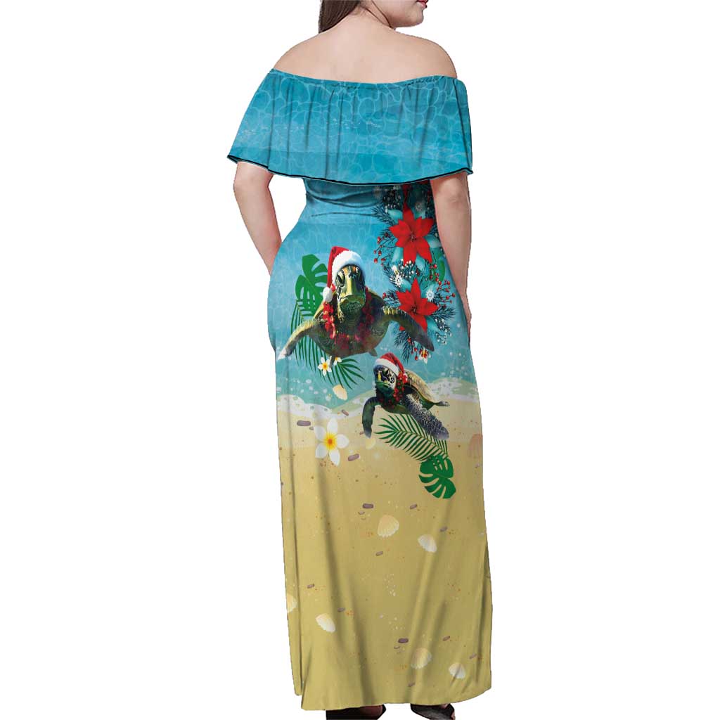 Hawaiian Mele Kalikimaka Family Matching Off Shoulder Maxi Dress and Hawaiian Shirt Tropical Xmas Turtles Red Poinsettia Watercolor LT03 - Polynesian Pride