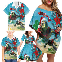 Hawaiian Mele Kalikimaka Family Matching Off Shoulder Short Dress and Hawaiian Shirt Tropical Xmas Turtles Red Poinsettia Watercolor LT03 - Polynesian Pride