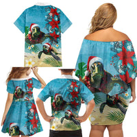 Hawaiian Mele Kalikimaka Family Matching Off Shoulder Short Dress and Hawaiian Shirt Tropical Xmas Turtles Red Poinsettia Watercolor LT03 - Polynesian Pride
