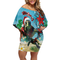 Hawaiian Mele Kalikimaka Family Matching Off Shoulder Short Dress and Hawaiian Shirt Tropical Xmas Turtles Red Poinsettia Watercolor LT03 Mom's Dress Multicolor - Polynesian Pride