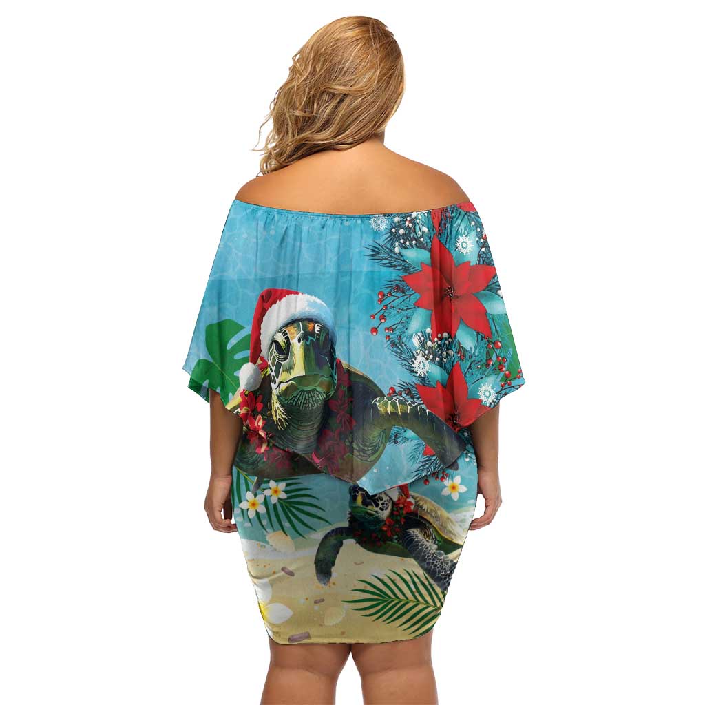 Hawaiian Mele Kalikimaka Family Matching Off Shoulder Short Dress and Hawaiian Shirt Tropical Xmas Turtles Red Poinsettia Watercolor LT03 - Polynesian Pride
