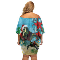 Hawaiian Mele Kalikimaka Family Matching Off Shoulder Short Dress and Hawaiian Shirt Tropical Xmas Turtles Red Poinsettia Watercolor LT03 - Polynesian Pride