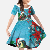 Hawaiian Mele Kalikimaka Family Matching Puletasi and Hawaiian Shirt Tropical Xmas Turtles Red Poinsettia Watercolor LT03 Daughter's Dress Multicolor - Polynesian Pride
