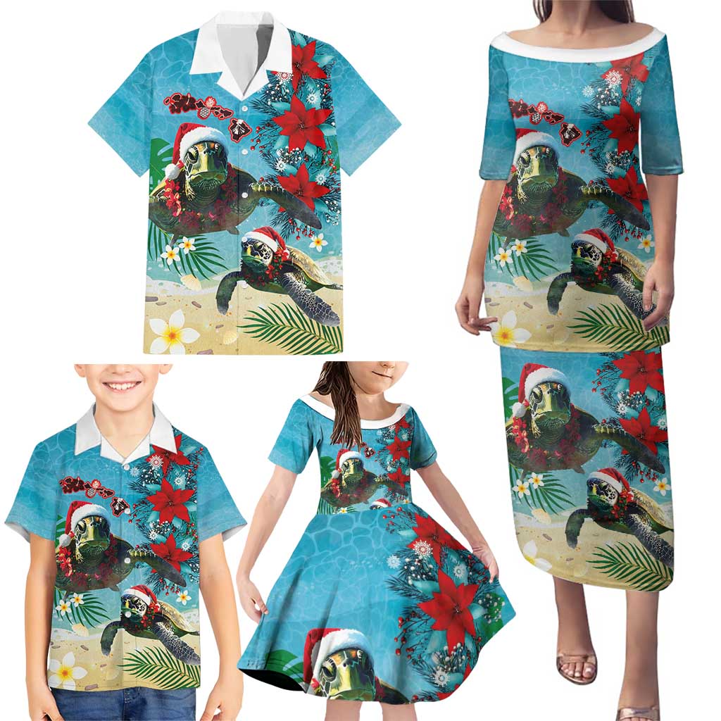 Hawaiian Mele Kalikimaka Family Matching Puletasi and Hawaiian Shirt Tropical Xmas Turtles Red Poinsettia Watercolor LT03 - Polynesian Pride