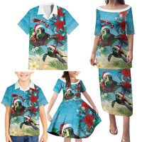 Hawaiian Mele Kalikimaka Family Matching Puletasi and Hawaiian Shirt Tropical Xmas Turtles Red Poinsettia Watercolor LT03 - Polynesian Pride