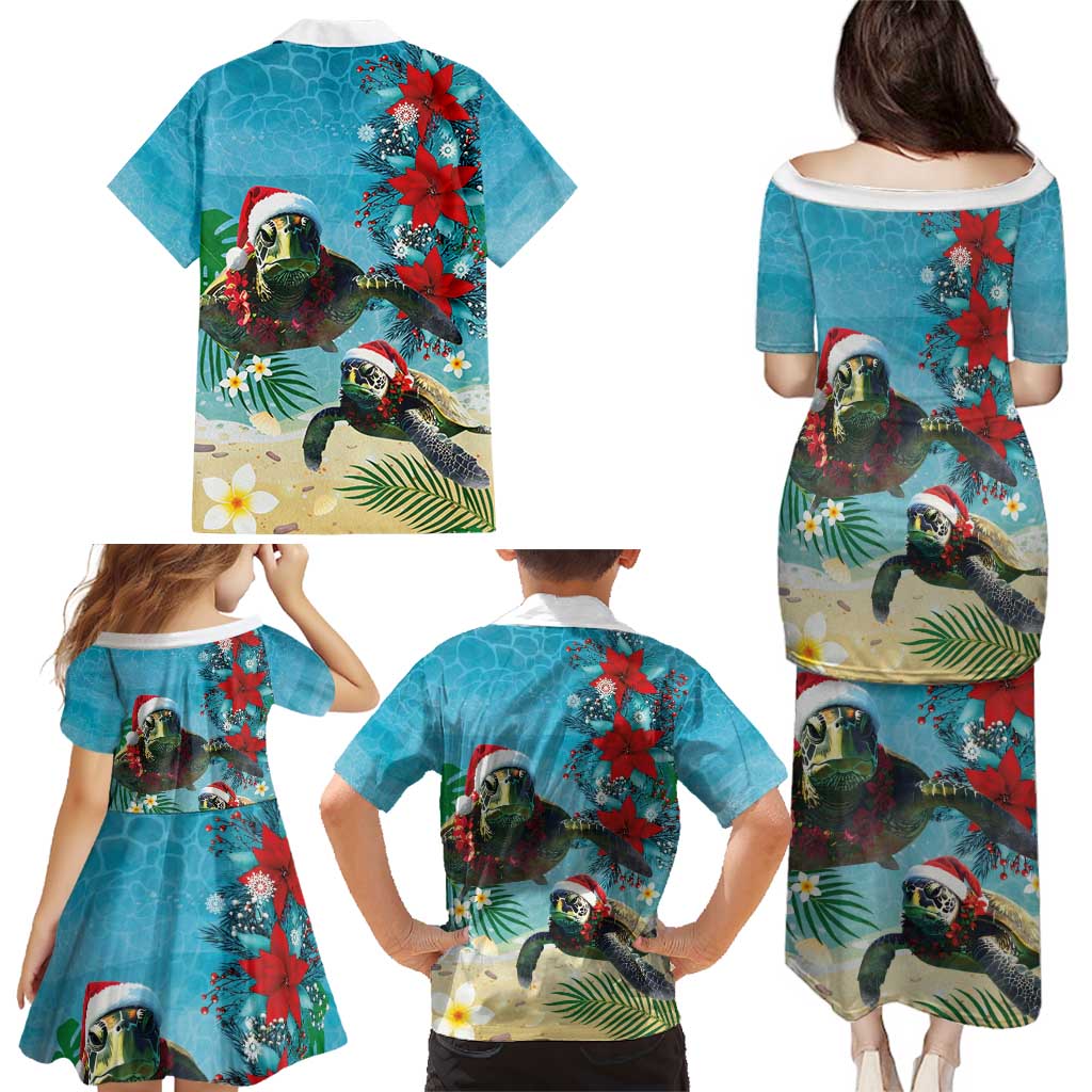 Hawaiian Mele Kalikimaka Family Matching Puletasi and Hawaiian Shirt Tropical Xmas Turtles Red Poinsettia Watercolor LT03 - Polynesian Pride