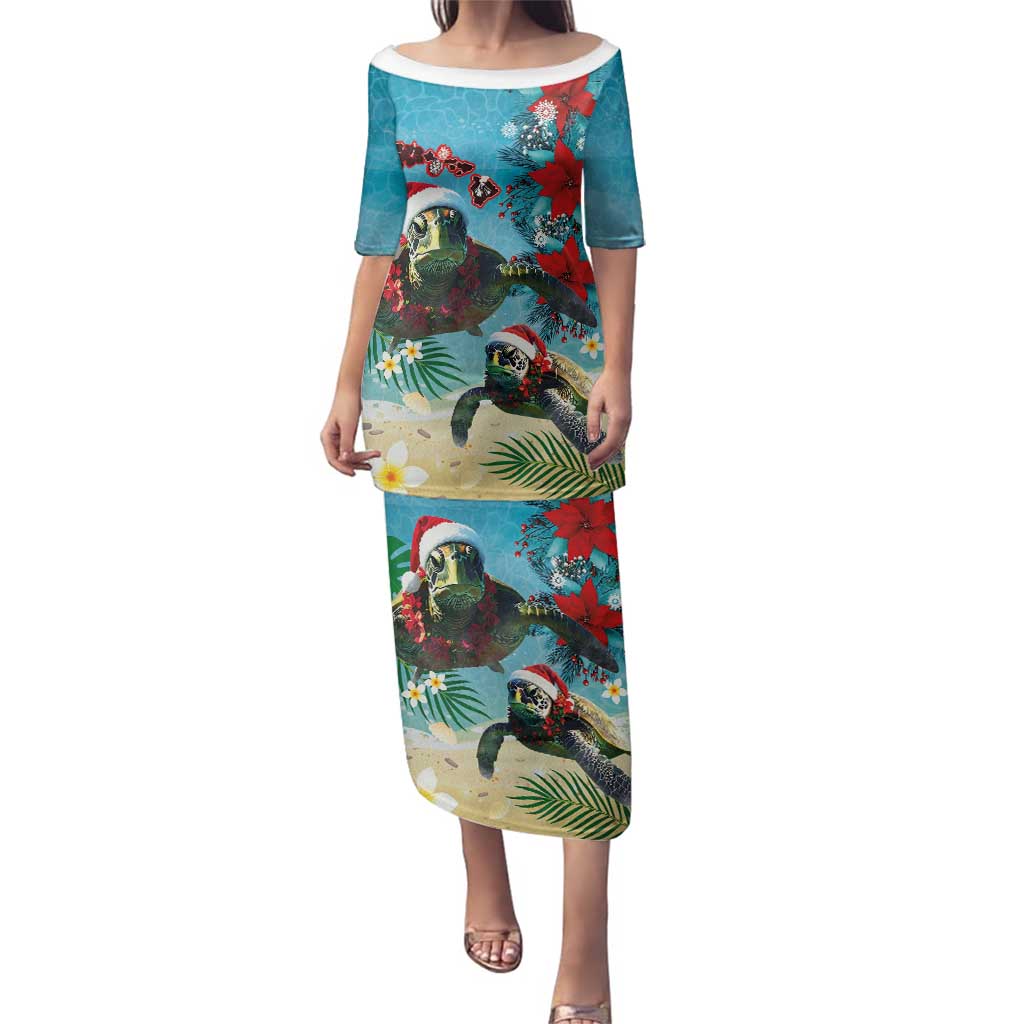Hawaiian Mele Kalikimaka Family Matching Puletasi and Hawaiian Shirt Tropical Xmas Turtles Red Poinsettia Watercolor LT03 Mom's Dress Multicolor - Polynesian Pride