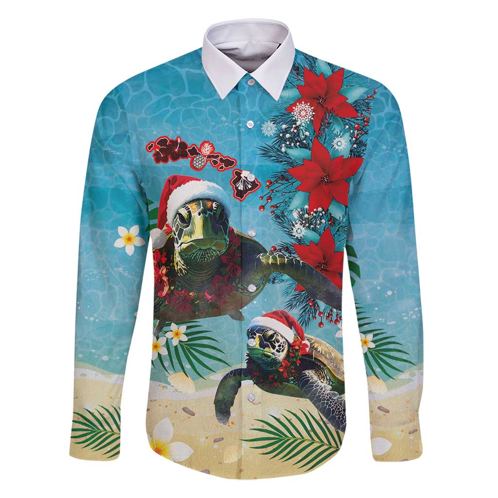 Hawaiian Mele Kalikimaka Family Matching Summer Maxi Dress and Hawaiian Shirt Tropical Xmas Turtles Red Poinsettia Watercolor LT03 Dad's Shirt - Long Sleeve Multicolor - Polynesian Pride