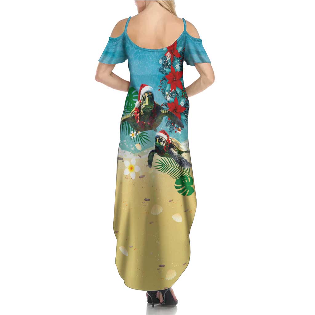 Hawaiian Mele Kalikimaka Family Matching Summer Maxi Dress and Hawaiian Shirt Tropical Xmas Turtles Red Poinsettia Watercolor LT03 - Polynesian Pride