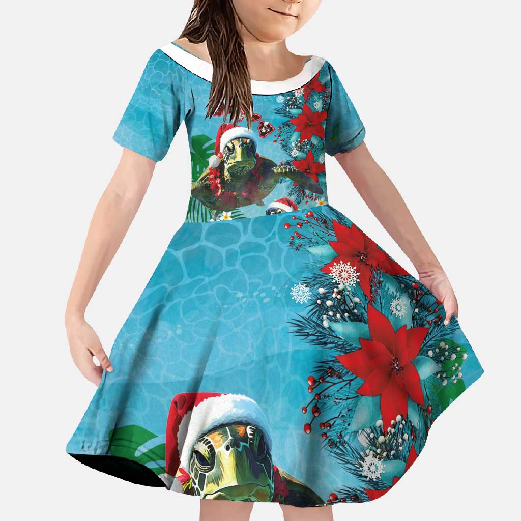 Hawaiian Mele Kalikimaka Family Matching Tank Maxi Dress and Hawaiian Shirt Tropical Xmas Turtles Red Poinsettia Watercolor LT03 Daughter's Dress Multicolor - Polynesian Pride