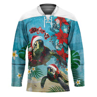 Hawaiian Mele Kalikimaka Hockey Jersey Tropical Xmas Turtles Red Poinsettia Watercolor - Polynesian Pride