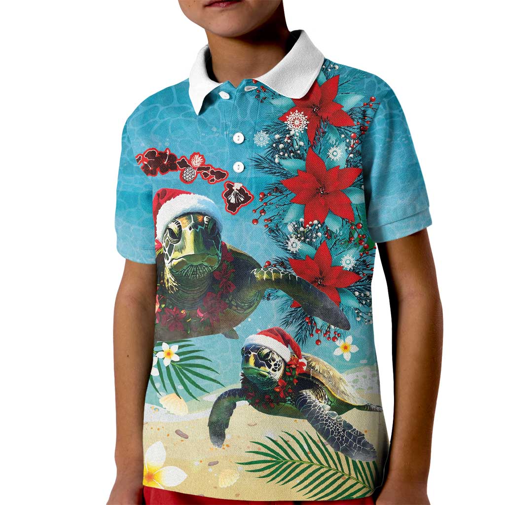 Hawaiian Mele Kalikimaka Kid Polo Shirt Tropical Xmas Turtles Red Poinsettia Watercolor - Polynesian Pride