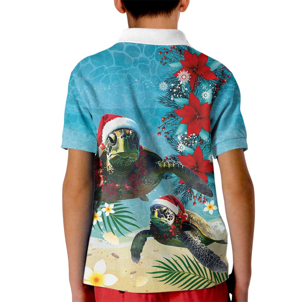 Hawaiian Mele Kalikimaka Kid Polo Shirt Tropical Xmas Turtles Red Poinsettia Watercolor - Polynesian Pride