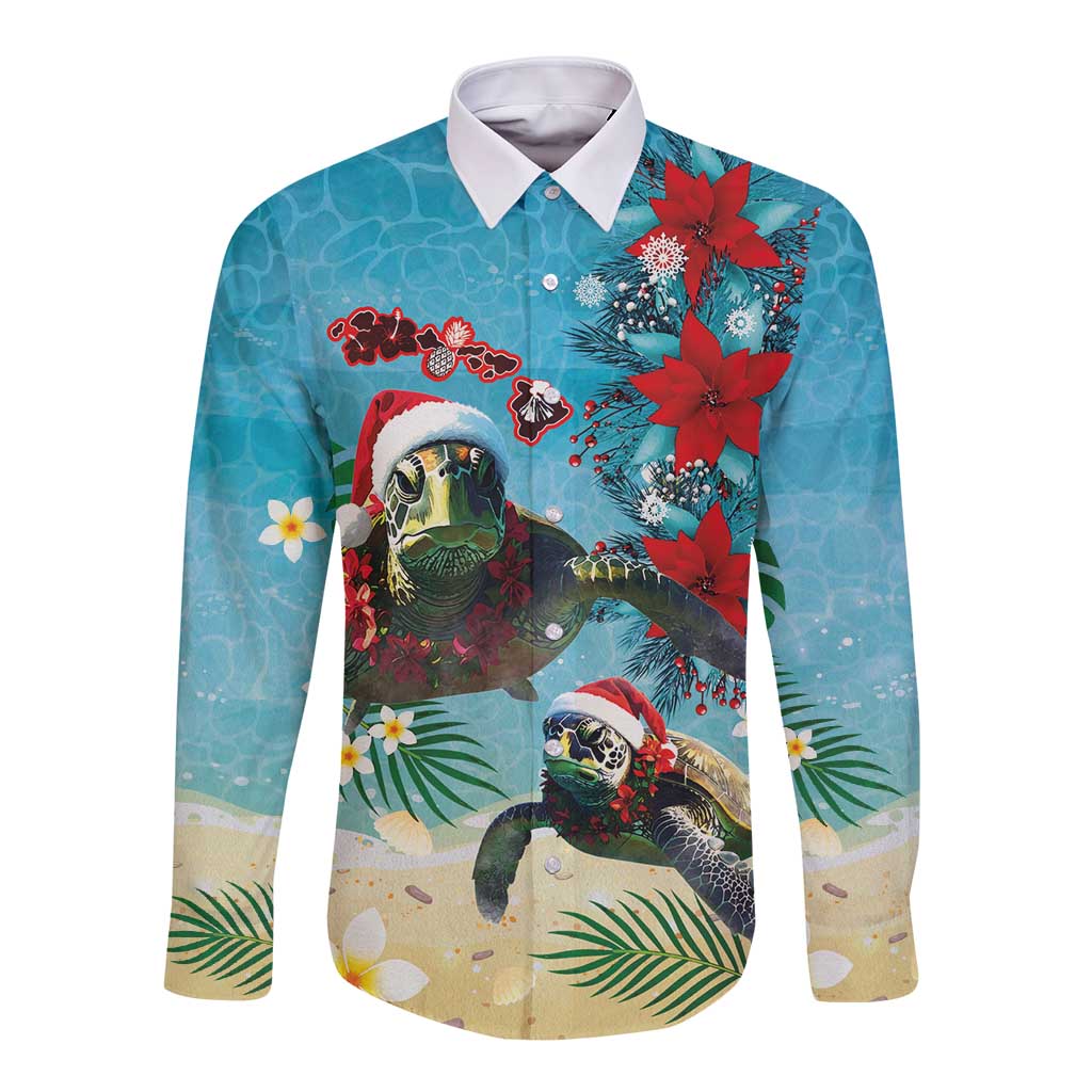 Hawaiian Mele Kalikimaka Long Sleeve Button Shirt Tropical Xmas Turtles Red Poinsettia Watercolor - Polynesian Pride