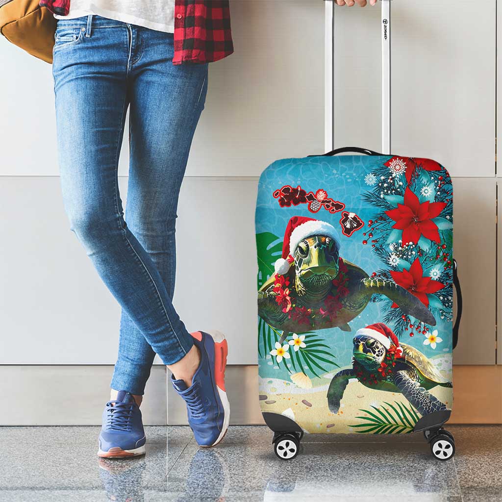 Hawaiian Mele Kalikimaka Luggage Cover Tropical Xmas Turtles Red Poinsettia Watercolor - Polynesian Pride