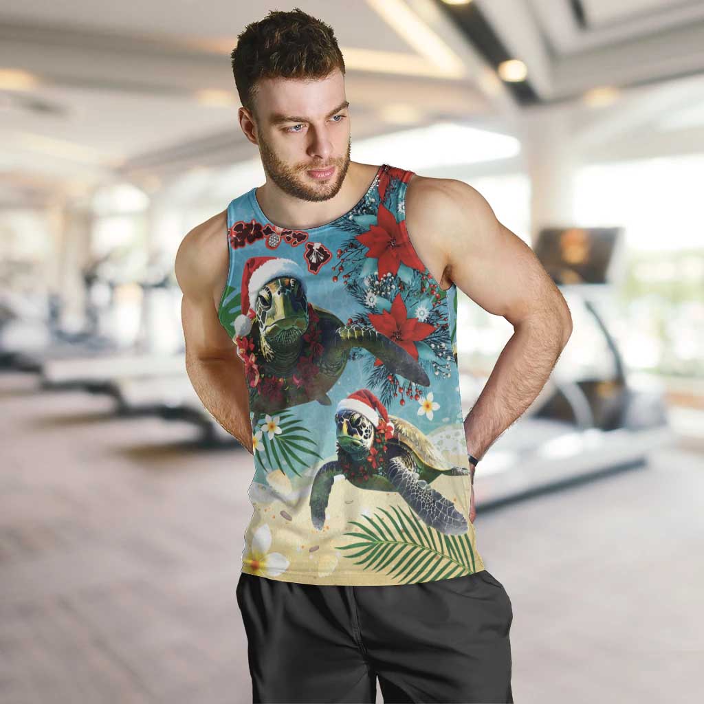 Hawaiian Mele Kalikimaka Men Tank Top Tropical Xmas Turtles Red Poinsettia Watercolor - Polynesian Pride