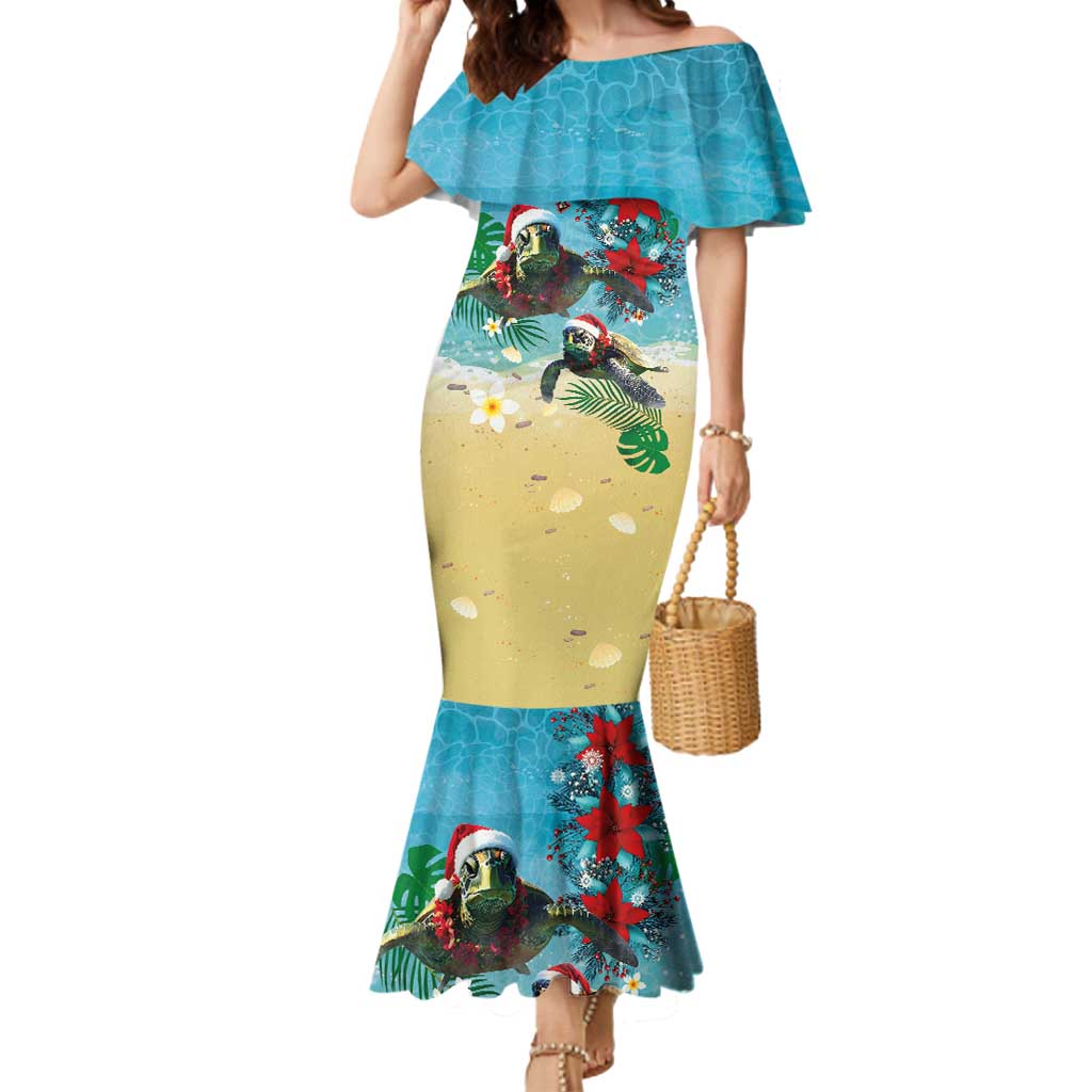 Hawaiian Mele Kalikimaka Mermaid Dress Tropical Xmas Turtles Red Poinsettia Watercolor - Polynesian Pride