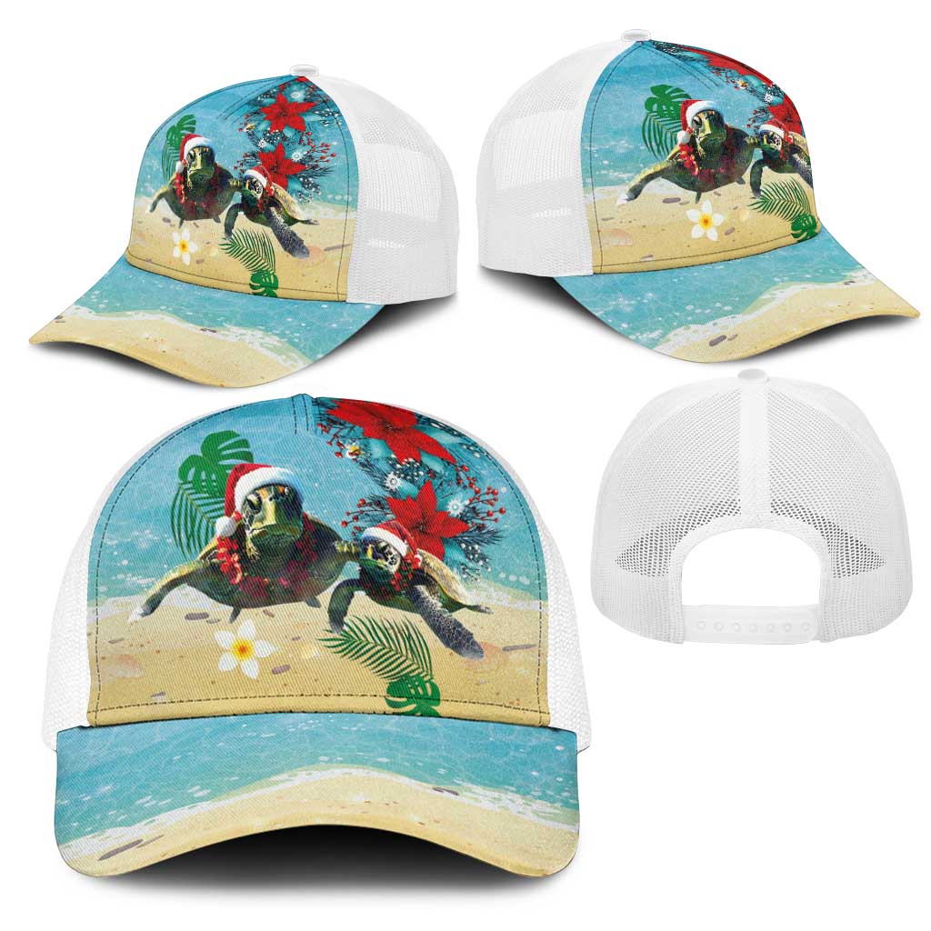 Hawaiian Mele Kalikimaka Mesh Trucker Cap Xmas Turtles and Tropical Plants with Red Poinsettia Watercolor Style - Polynesian Pride