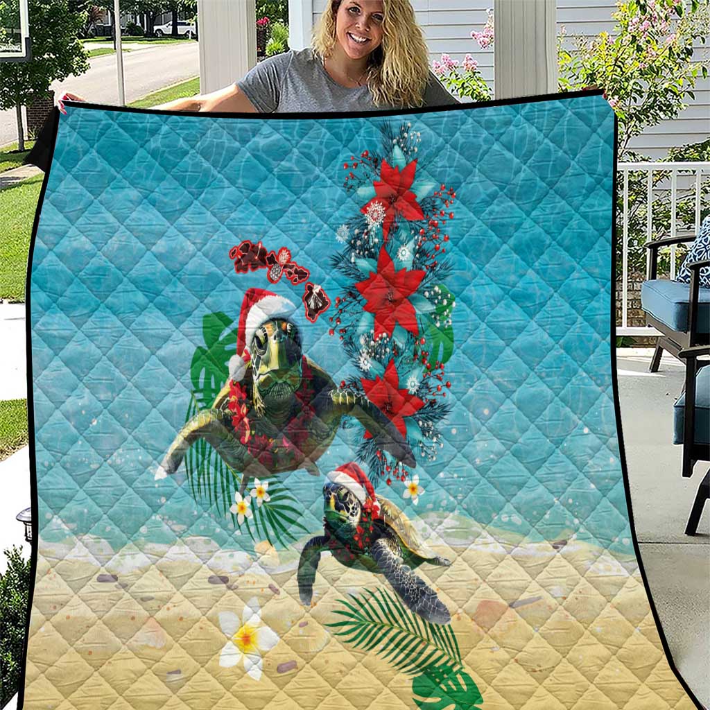 Hawaiian Mele Kalikimaka Quilt Tropical Xmas Turtles Red Poinsettia Watercolor - Polynesian Pride