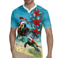 Hawaiian Mele Kalikimaka Rugby Jersey Tropical Xmas Turtles Red Poinsettia Watercolor - Polynesian Pride