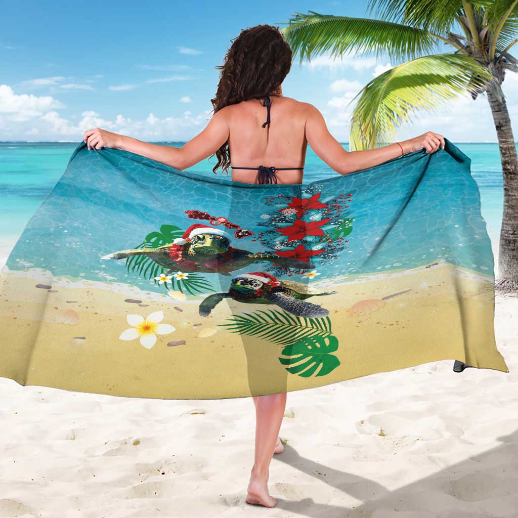 Hawaiian Mele Kalikimaka Sarong Tropical Xmas Turtles Red Poinsettia Watercolor - Polynesian Pride