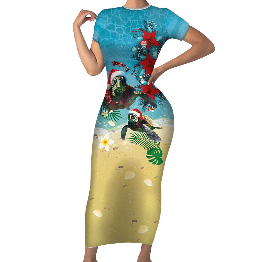 Hawaiian Mele Kalikimaka Short Sleeve Bodycon Dress Tropical Xmas Turtles Red Poinsettia Watercolor - Polynesian Pride