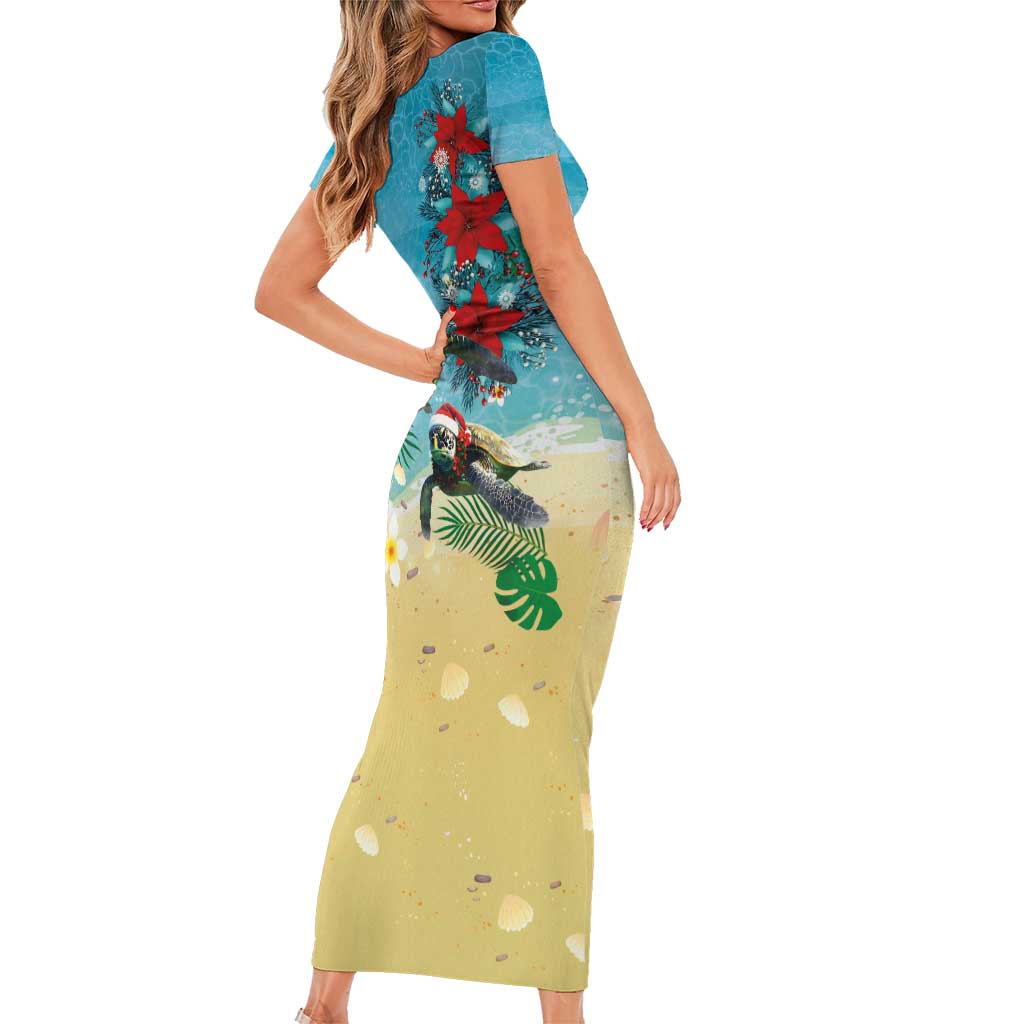 Hawaiian Mele Kalikimaka Short Sleeve Bodycon Dress Tropical Xmas Turtles Red Poinsettia Watercolor - Polynesian Pride