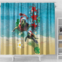 Hawaiian Mele Kalikimaka Shower Curtain Tropical Xmas Turtles Red Poinsettia Watercolor - Polynesian Pride
